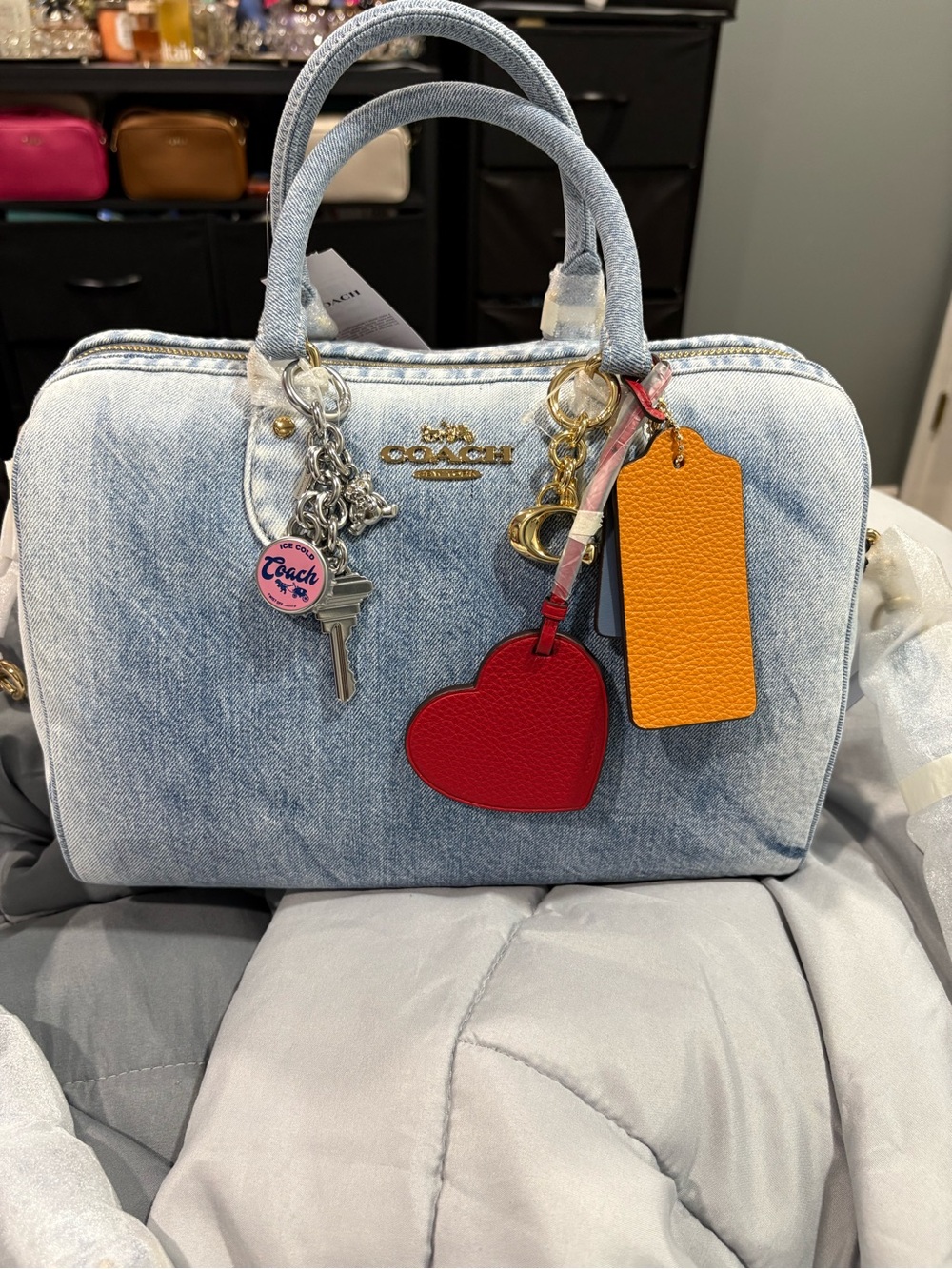 Coach Light Denim Satchel with Red Heart & Orange Tag